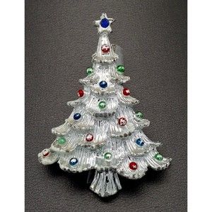 Vintage Gerry's Christmas Tree Brooch Blue Rhinestone Star Enamel Silver Tone